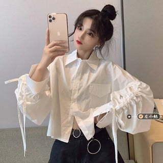 2022 Long Sleeve Cropped Shirt for Women Blouse Spring Summer Cardigan Tops Y2k Clothing Korean Fashion Casual Button Up Croptop ALODIA STORE