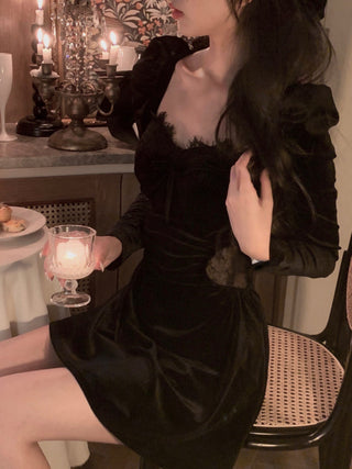 2022 Autumn Slim Black Velvet Dress Casual Korean Fashion ALODIA STORE