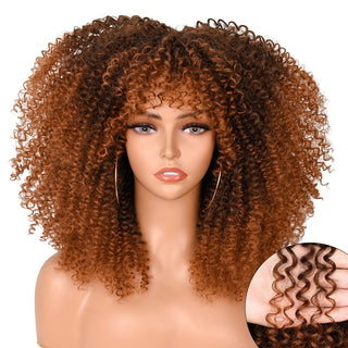 16''Short Hair Afro Kinky Curly Wig With Bangs For Black Women Cosplay Lolita Synthetic Natural Glueless Brown Mixed Blonde Wigs ALODIA STORE