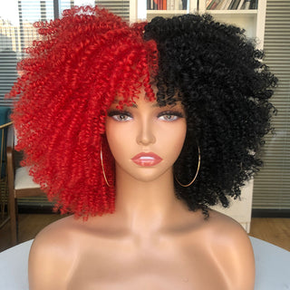 Short Afro Kinky Curly Wig With Bangs For Black Women Cosplay Lolita Natural Hair Ombre Mixed Brown Synthetic African Wigs ALODIA STORE