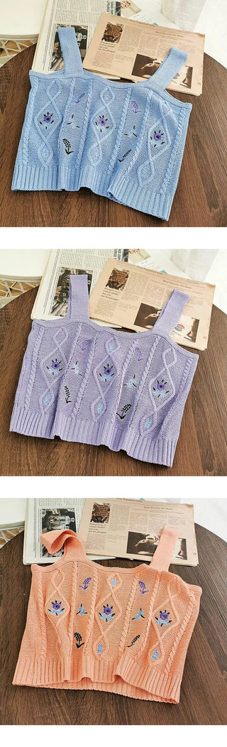Flowers Embroidery Suspender Korean V-Neck Knitting Sweet Elastic Vintage Students Cute Summer Women Knot CropTops ALODIA STORE