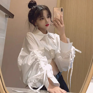 2022 Long Sleeve Cropped Shirt for Women Blouse Spring Summer Cardigan Tops Y2k Clothing Korean Fashion Casual Button Up Croptop ALODIA STORE