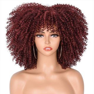Short Afro Kinky Curly Wig With Bangs For Black Women Cosplay Lolita Natural Hair Ombre Mixed Brown Synthetic African Wigs ALODIA STORE