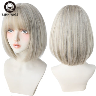 7JHH WIGS Short Bob Straight Ombre Blonde Wigs With Bang For Girl Black Female Synthetic Shoulder Length Crochet Hair Ginger Wig ALODIA STORE