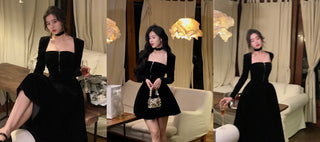 2022 Autumn Slim Black Velvet Dress Casual Korean Fashion ALODIA STORE