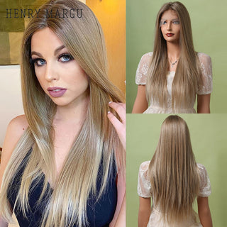 HENRY MARGU Long Straight Lace Front Synthetic Wigs Brown Blonde Platinum Wigs for White Women Middle Part Daily Heat Resistant ALODIA STORE