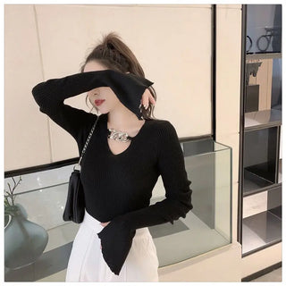 Women's Long Sleeve Black Croptop Knitted Sweater Sexy Party Slim Shirt Cropped Tops Korean Fashion Elegant Office Ladies ALODIA STORE
