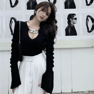 Women's Long Sleeve Black Croptop Knitted Sweater Sexy Party Slim Shirt Cropped Tops Korean Fashion Elegant Office Ladies ALODIA STORE