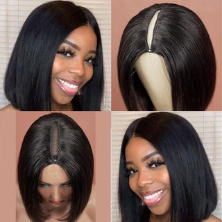 Straight 8-14 inch V part Synthetic Half  Wig For Black Women Short Cut V Part  Straight Bob Wig No Leave Out  Natural Color ALODIA STORE
