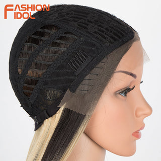 38 inch Straight Hair Synthetic Lace Front Wigs For Women High Temperature Fiber Ombre Blonde Highlight Cosplay Wig FASHION IDOL ALODIA STORE