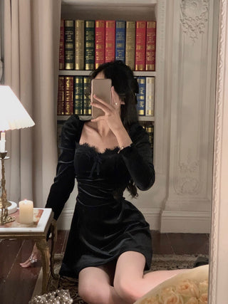2022 Autumn Slim Black Velvet Dress Casual Korean Fashion ALODIA STORE