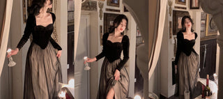 2022 Autumn Slim Black Velvet Dress Casual Korean Fashion ALODIA STORE