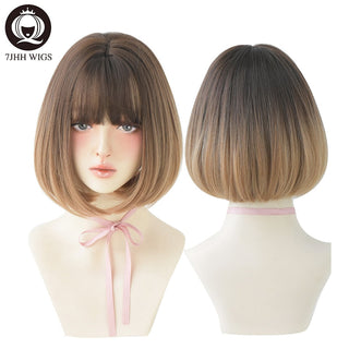 7JHH WIGS Short Bob Straight Ombre Blonde Wigs With Bang For Girl Black Female Synthetic Shoulder Length Crochet Hair Ginger Wig ALODIA STORE
