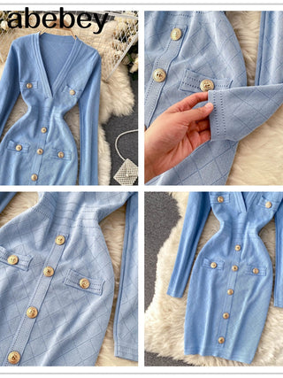 Women Knitted Pencil Dress Korean Long Sleeve V Neck Elastic Slim Dress ALODIA STORE