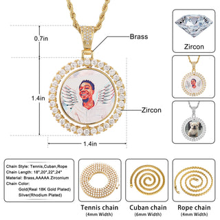 D&amp;Z Custom Made Photo Rotating double-sided Medallions Pendant Micro Paved CZ Round Pendant Collier For Men Women Accessories ALODIA STORE