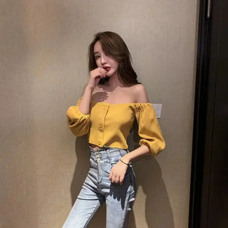Off Shoulder Woman Tshirts French Puff Sleeve Short Croptop Korean Belly Button Exposed Sexy Shirt Summer Vintage Soild Y2k Tops ALODIA STORE