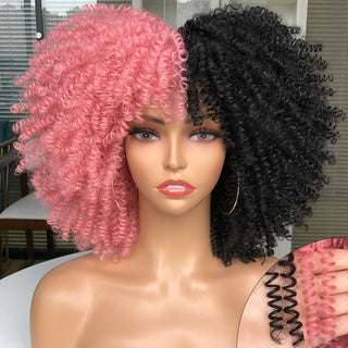 Short Afro Kinky Curly Wig With Bangs For Black Women Cosplay Lolita Natural Hair Ombre Mixed Brown Synthetic African Wigs ALODIA STORE