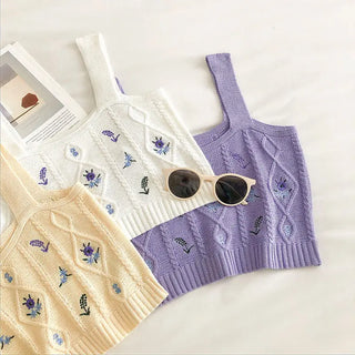 Flowers Embroidery Suspender Korean V-Neck Knitting Sweet Elastic Vintage Students Cute Summer Women Knot CropTops ALODIA STORE