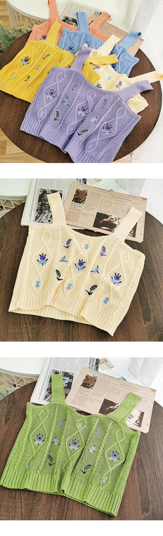 Flowers Embroidery Suspender Korean V-Neck Knitting Sweet Elastic Vintage Students Cute Summer Women Knot CropTops ALODIA STORE