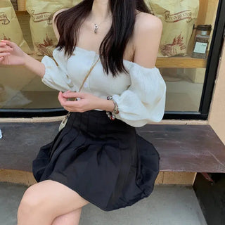 Off Shoulder Woman Tshirts French Puff Sleeve Short Croptop Korean Belly Button Exposed Sexy Shirt Summer Vintage Soild Y2k Tops ALODIA STORE