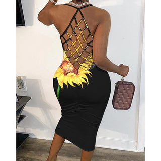 2023 Women Butterfly Sunflower Print Fishnet Backless Bodycon Dress Ninimour Sleeveless Mini Bodycon Sexy Robes Womens Clothings ALODIA STORE