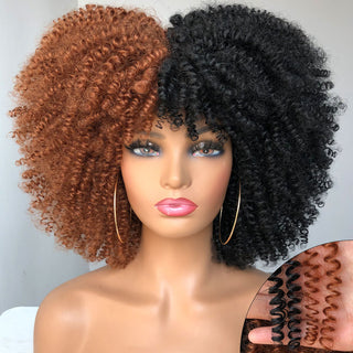 Short Afro Kinky Curly Wig With Bangs For Black Women Cosplay Lolita Natural Hair Ombre Mixed Brown Synthetic African Wigs ALODIA STORE