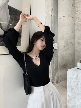 Women's Long Sleeve Black Croptop Knitted Sweater Sexy Party Slim Shirt Cropped Tops Korean Fashion Elegant Office Ladies ALODIA STORE