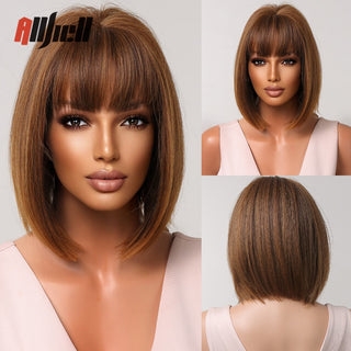 Ombre Brown Platinum Blonde Synthetic Wigs Short Straight Bob Wigs for Black Women Daily Natural Heat Resistant Hair Cosplay ALODIA STORE