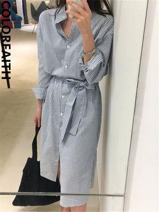 Colorfaith DR1800 2023 Striped Cotton and Linen Shirt Dress Lace Up Women Spring Summer Elegant Korean Fashion Lady Long Dresses ALODIA STORE