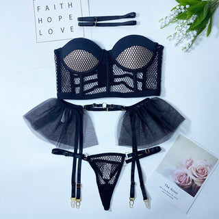 3Pcs Lace Bra and Thong Panty Set Sexy Lingerie Women Hollow Out See Through Slim Mesh Underwear Sling Summer Nightgowns ALODIA STORE