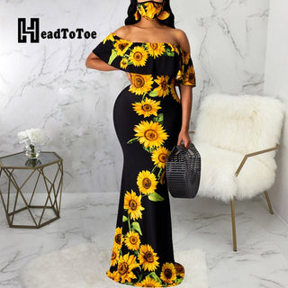 Sunflower Print Off Shoulder Maxi Dress Women Strapless Slash Neck Casual Long Dresses ALODIA STORE