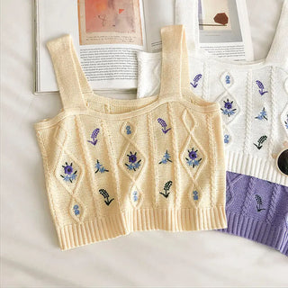 Flowers Embroidery Suspender Korean V-Neck Knitting Sweet Elastic Vintage Students Cute Summer Women Knot CropTops ALODIA STORE