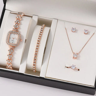 6PCS Set Luxury Watch Women Ring Necklace Earrings Rhinestone Fashion Wristwatch Female Casual Ladies Watches Bracelet Set Clock ALODIA STORE