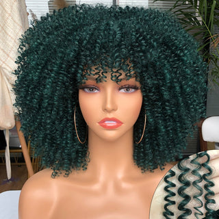 Short Afro Kinky Curly Wig With Bangs For Black Women Cosplay Lolita Natural Hair Ombre Mixed Brown Synthetic African Wigs ALODIA STORE