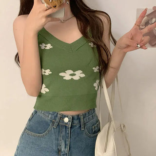 Ropa De Mujer Vintage Croptop Knitted Tank Streetwear Crop Cami Y2k Summer Fashion Halter Harajuku Embroidery Korean Green Top ALODIA STORE