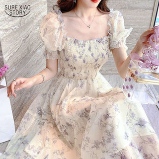 Sexy Black Dress Vintage Flower Long Puff Sleeve Chiffon Dresses ALODIA STORE