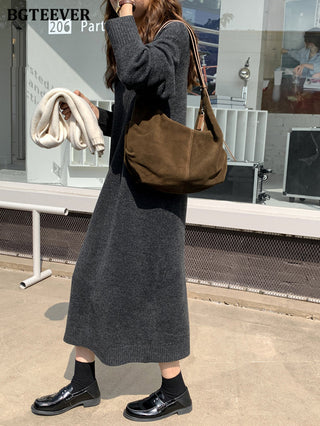 BGTEEVER Casual Thicken Warm Loose Sweater Dress Women Autumn Winter Lapel Full Sleeve Solid Long Knitted Dress Female vestidos ALODIA STORE