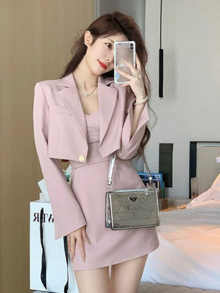Autumn Pink Two Piece Dress Set Women Blazer Coat+Strap Dress Set Female Casual Korean Fashion ALODIA STORE