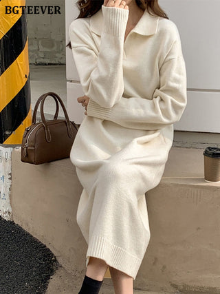 BGTEEVER Casual Thicken Warm Loose Sweater Dress Women Autumn Winter Lapel Full Sleeve Solid Long Knitted Dress Female vestidos ALODIA STORE