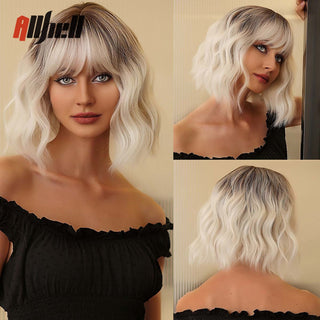 Ombre Brown Platinum Blonde Synthetic Wigs Short Straight Bob Wigs for Black Women Daily Natural Heat Resistant Hair Cosplay ALODIA STORE