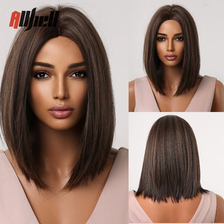 Ombre Brown Platinum Blonde Synthetic Wigs Short Straight Bob Wigs for Black Women Daily Natural Heat Resistant Hair Cosplay ALODIA STORE