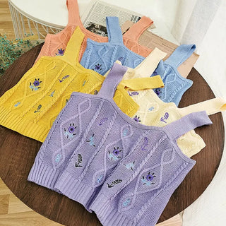 Flowers Embroidery Suspender Korean V-Neck Knitting Sweet Elastic Vintage Students Cute Summer Women Knot CropTops ALODIA STORE