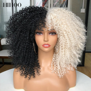 16''Short Hair Afro Kinky Curly Wig With Bangs For Black Women Cosplay Lolita Synthetic Natural Glueless Brown Mixed Blonde Wigs ALODIA STORE
