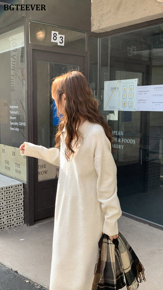 BGTEEVER Casual Thicken Warm Loose Sweater Dress Women Autumn Winter Lapel Full Sleeve Solid Long Knitted Dress Female vestidos ALODIA STORE