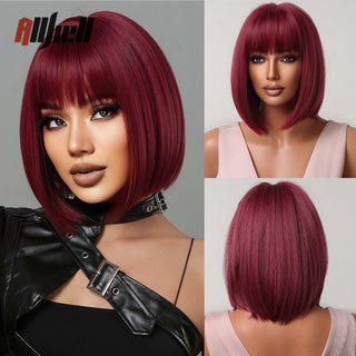 Ombre Brown Platinum Blonde Synthetic Wigs Short Straight Bob Wigs for Black Women Daily Natural Heat Resistant Hair Cosplay ALODIA STORE