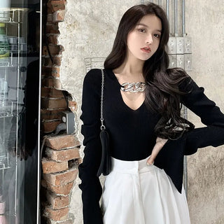 Women's Long Sleeve Black Croptop Knitted Sweater Sexy Party Slim Shirt Cropped Tops Korean Fashion Elegant Office Ladies ALODIA STORE