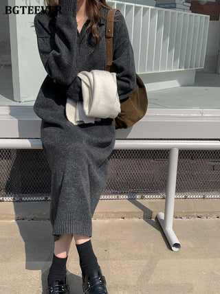BGTEEVER Casual Thicken Warm Loose Sweater Dress Women Autumn Winter Lapel Full Sleeve Solid Long Knitted Dress Female vestidos ALODIA STORE