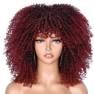 Short Afro Kinky Curly Wig With Bangs For Black Women Cosplay Lolita Natural Hair Ombre Mixed Brown Synthetic African Wigs ALODIA STORE