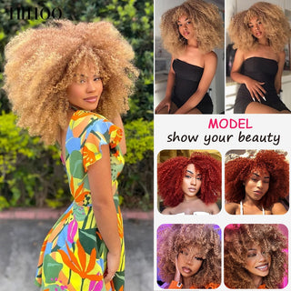 Short Hair Blonde Wigs Afro Kinky Curly Wig With Bangs For Black Women Cosplay Lolita Synthetic Natural Glueless Brown Mixed ALODIA STORE