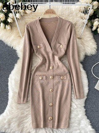 Women Knitted Pencil Dress Korean Long Sleeve V Neck Elastic Slim Dress ALODIA STORE